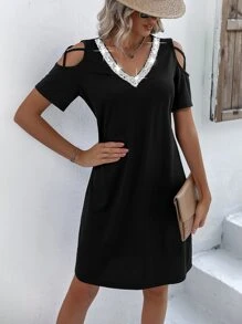 SHEIN LUNE Đầm ghép mộng kim sa Cắt ra màu trơn Giải trí - màu đen - Xem 6