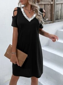 SHEIN LUNE Đầm ghép mộng kim sa Cắt ra màu trơn Giải trí - màu đen - Xem 7