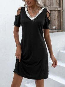 SHEIN LUNE Đầm ghép mộng kim sa Cắt ra màu trơn Giải trí - màu đen - Xem 8