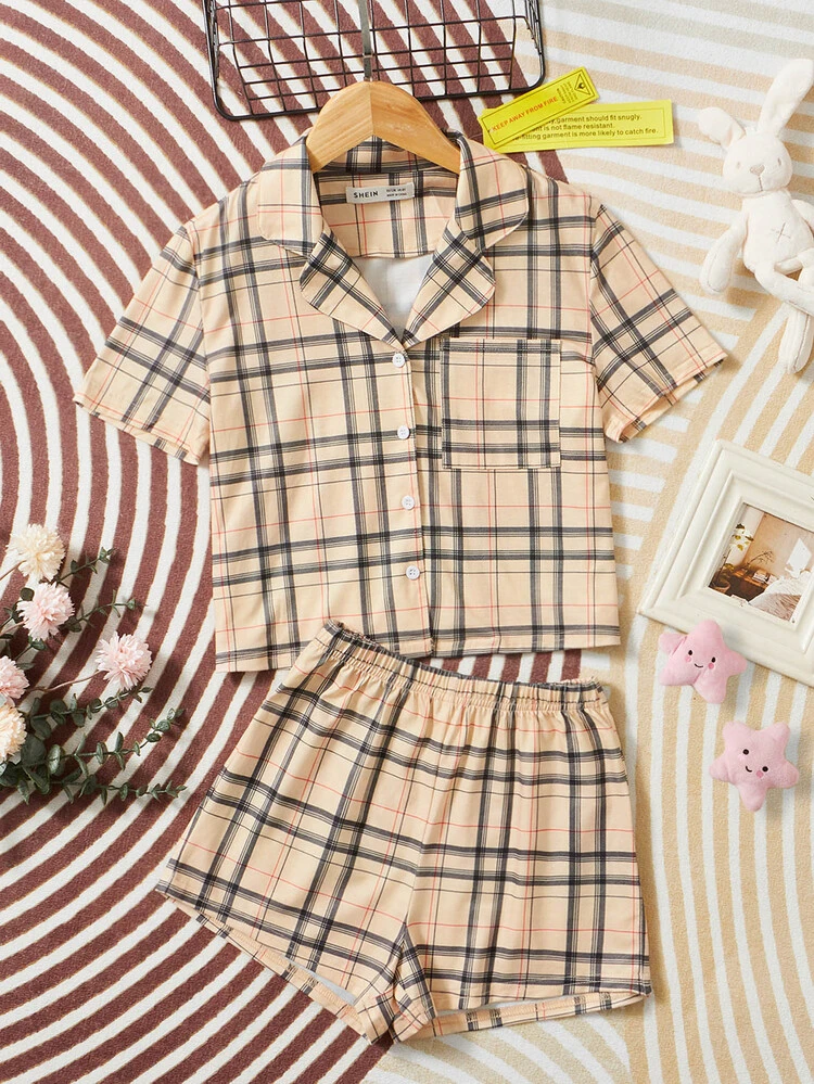 Tween Girl 1pc Plaid Print Lapel Neck Shirt And 1pc Shorts PJ Set