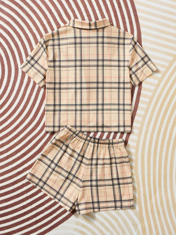 Tween Girl 1pc Plaid Print Lapel Neck Shirt And 1pc Shorts PJ Set