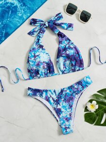 Tie Dye Halter Bikini Set Summer Beach - Multicolor - View 1