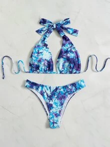Tie Dye Halter Bikini Set Summer Beach - Multicolor - View 3