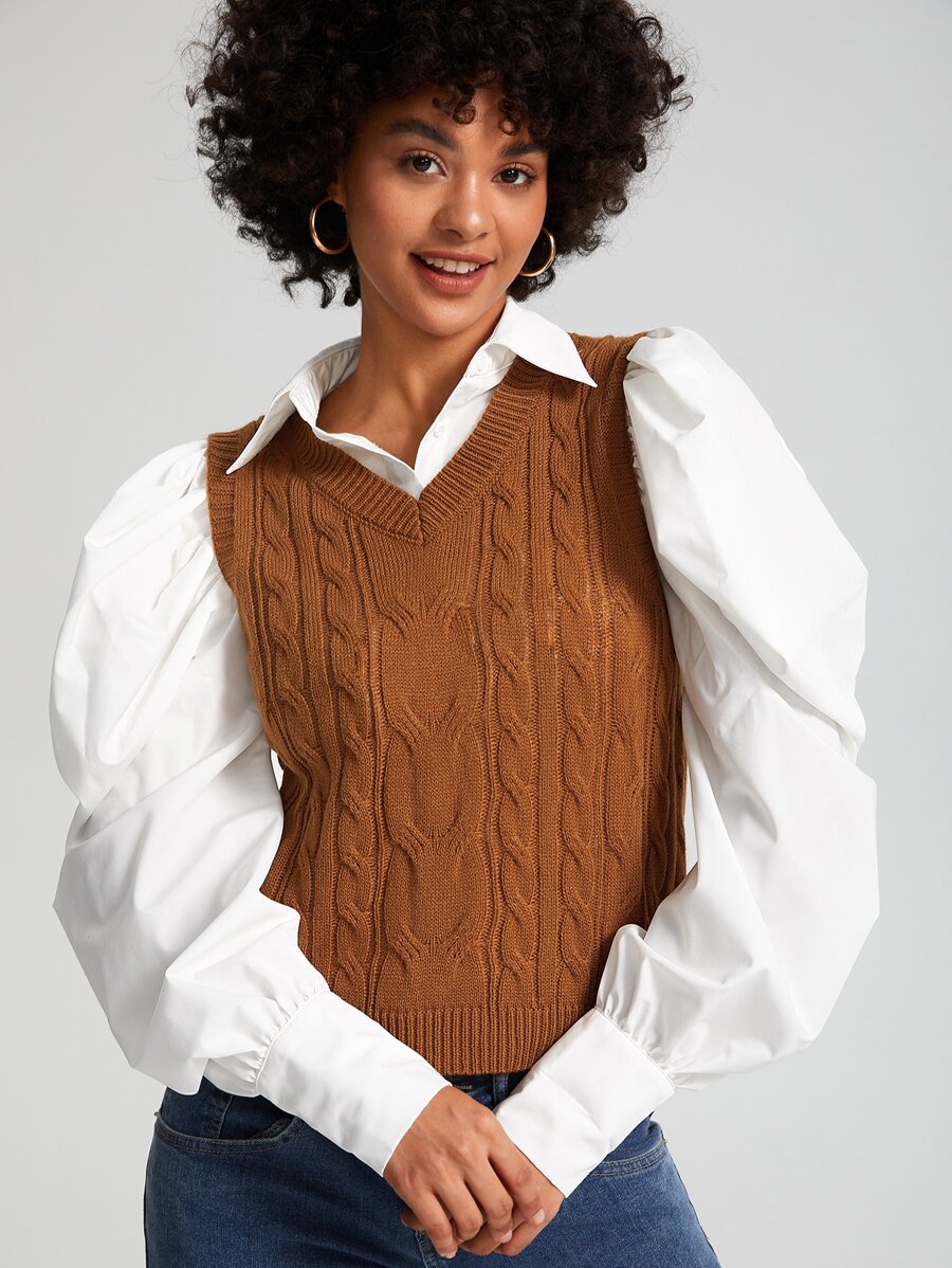 LRUBRE Cable Knit Sweater Vest - Brown - View 1