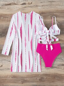 3packs Random Tie Dye Wrap Push Up Bikini - Hot Pink - View 2