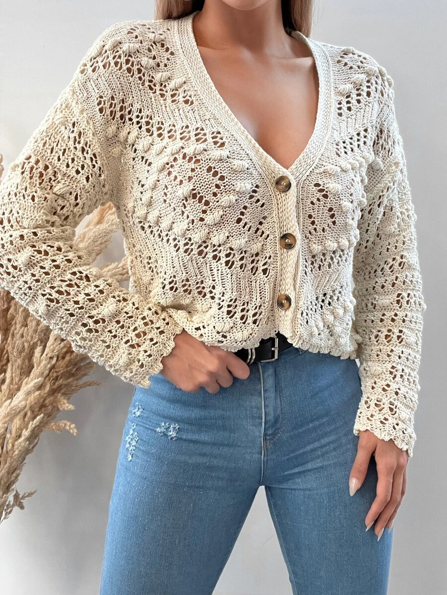 EURMUSE Pointelle Knit Drop Shoulder Cardigan - White - View 1