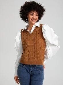 LRUBRE Cable Knit Sweater Vest - Brown - View 4