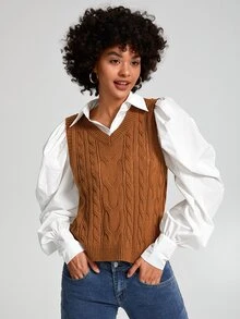 LRUBRE Cable Knit Sweater Vest - Brown - View 5