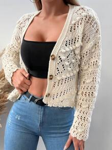 EURMUSE Pointelle Knit Drop Shoulder Cardigan - White - View 4