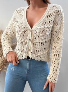 EURMUSE Pointelle Knit Drop Shoulder Cardigan - White - View 6