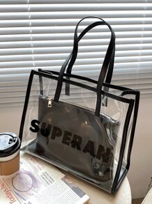 字母圖案單肩托特包帶內袋 - 黑色 - 查看 1