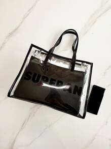 字母圖案單肩托特包帶內袋 - 黑色 - 查看 5