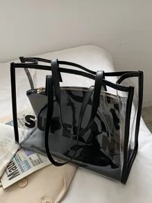 字母圖案單肩托特包帶內袋 - 黑色 - 查看 6