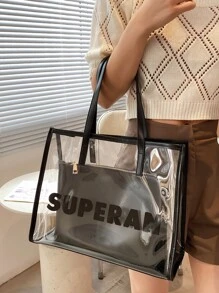 字母圖案單肩托特包帶內袋 - 黑色 - 查看 7