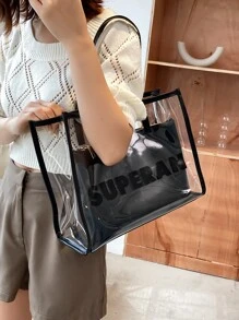 字母圖案單肩托特包帶內袋 - 黑色 - 查看 8