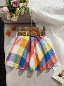 SHEIN 女孩格紋腰帶半身裙