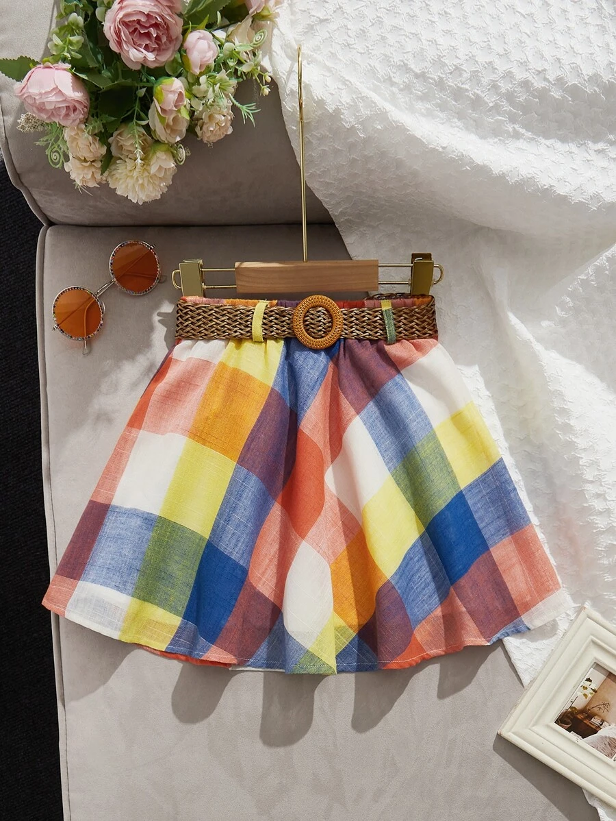 SHEIN 女孩格紋腰帶半身裙