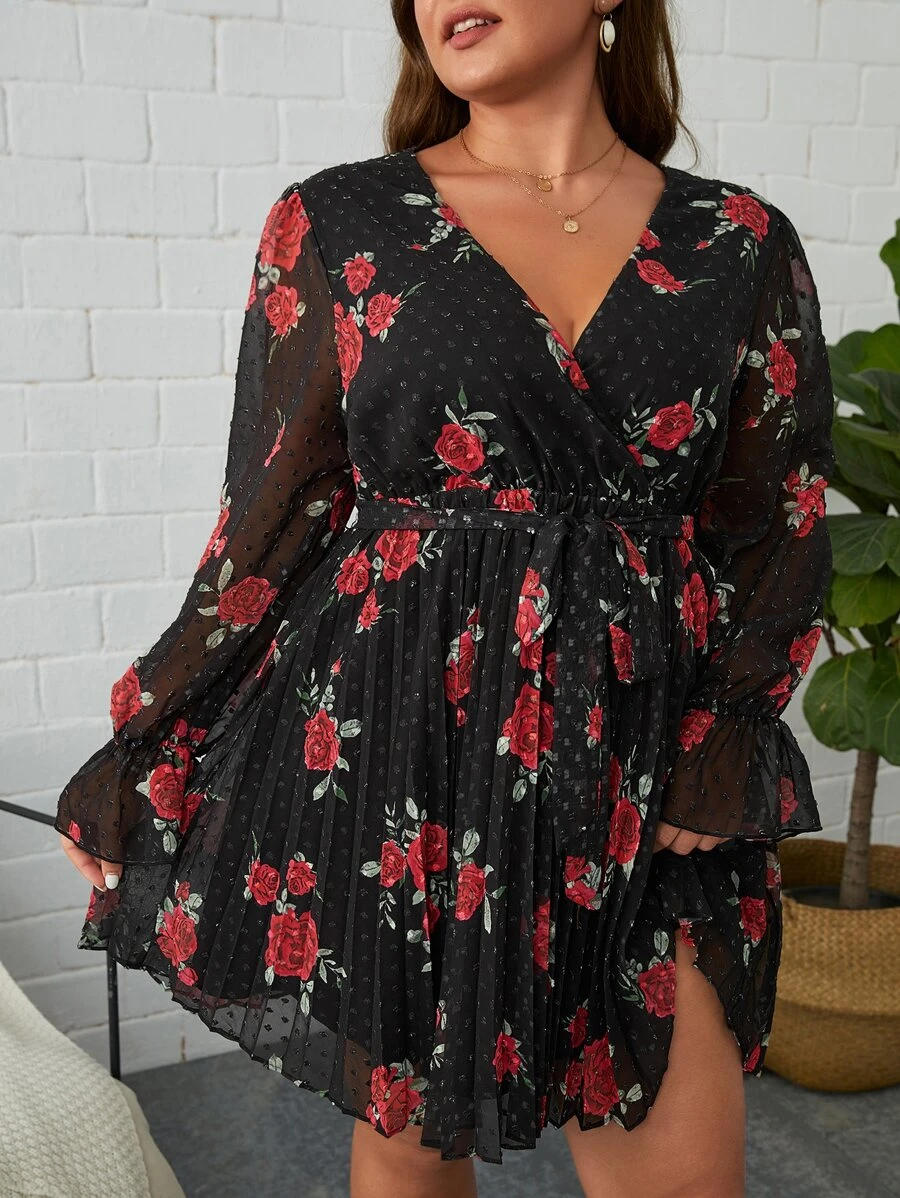 SHEIN Clasi Plus Floral Print Lantern Sleeve Pleated Hem Belted Dress - Multicolor - View 1