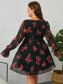 SHEIN Clasi Plus Floral Print Lantern Sleeve Pleated Hem Belted Dress - Multicolor - View 2