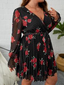 SHEIN Clasi Plus Floral Print Lantern Sleeve Pleated Hem Belted Dress - Multicolor - View 3