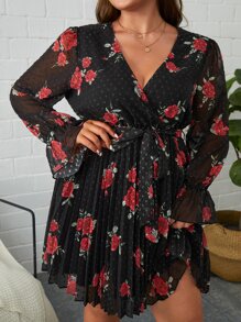 SHEIN Clasi Plus Floral Print Lantern Sleeve Pleated Hem Belted Dress - Multicolor - View 6