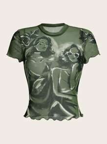 SHEIN ICON 人像圖案透視網紗上衣 - 軍綠色 - 查看 1