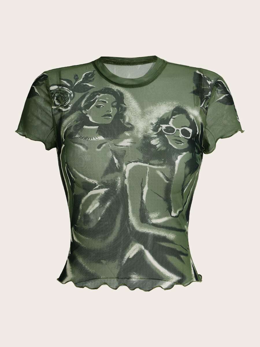 SHEIN ICON 人像圖案透視網紗上衣 - 軍綠色 - 查看 1