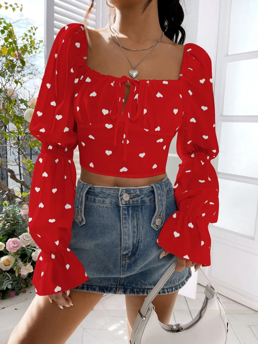 SHEIN MOD Heart Print Knot Front Flounce Sleeve Crop Blouse - Red - View 1