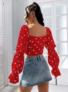 SHEIN MOD Heart Print Knot Front Flounce Sleeve Crop Blouse - Red - View 2