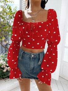 SHEIN MOD Heart Print Knot Front Flounce Sleeve Crop Blouse - Red - View 3