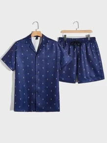 GENTILAND 男士宽松全印花衬衫和抽绳腰短裤套装 - 藏蓝色 - 查看 1