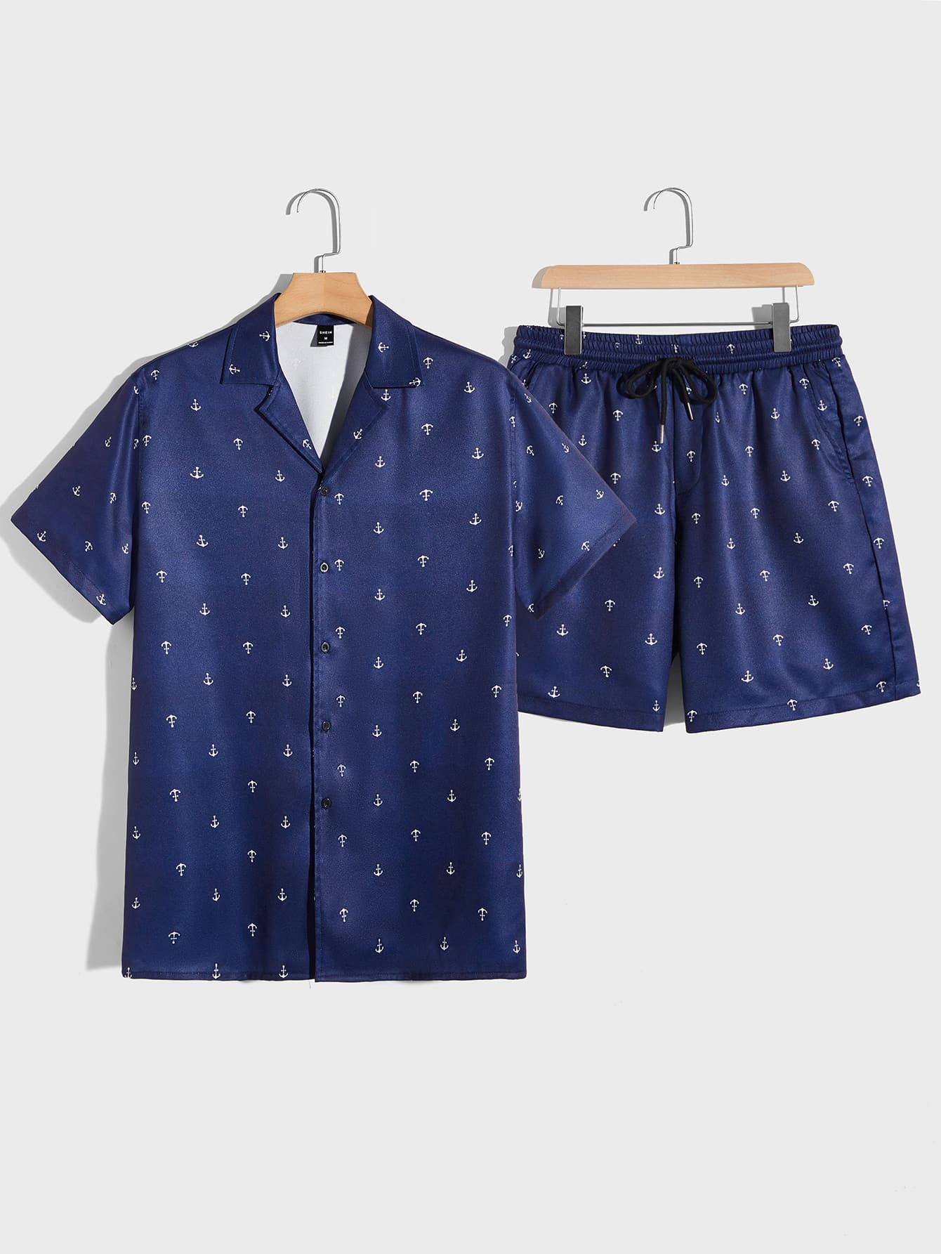 GENTILAND 男士宽松全印花衬衫和抽绳腰短裤套装 - 藏蓝色 - 查看 1