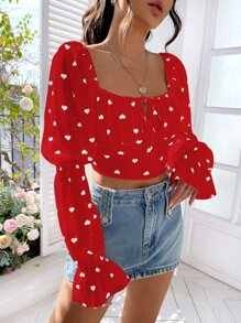 SHEIN MOD Heart Print Knot Front Flounce Sleeve Crop Blouse - Red - View 5