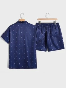 GENTILAND 男士宽松全印花衬衫和抽绳腰短裤套装 - 藏蓝色 - 查看 2