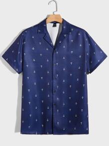 GENTILAND 男士宽松全印花衬衫和抽绳腰短裤套装 - 藏蓝色 - 查看 7