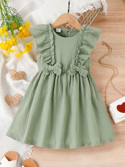 SHEIN Vintaside Kids Young Girl Ruffle Trim Bow Front Dress Summer Holiday