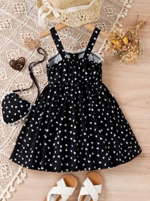 SHEIN Vestido de tirantes con estampado de corazones para niña joven con ribete de encaje de guipur y bolso a juego