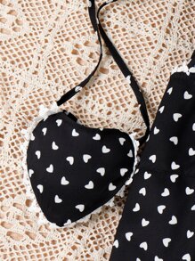 SHEIN Vestido de tirantes con estampado de corazones para niña joven con ribete de encaje de guipur y bolso a juego