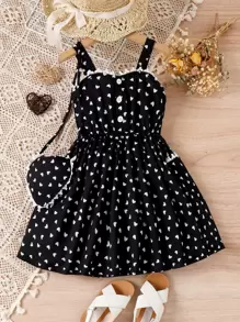 SHEIN Vestido de tirantes con estampado de corazones para niña joven con ribete de encaje de guipur y bolso a juego
