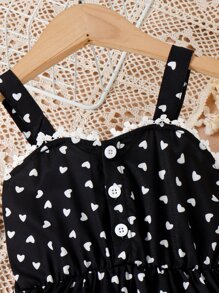 SHEIN Vestido de tirantes con estampado de corazones para niña joven con ribete de encaje de guipur y bolso a juego