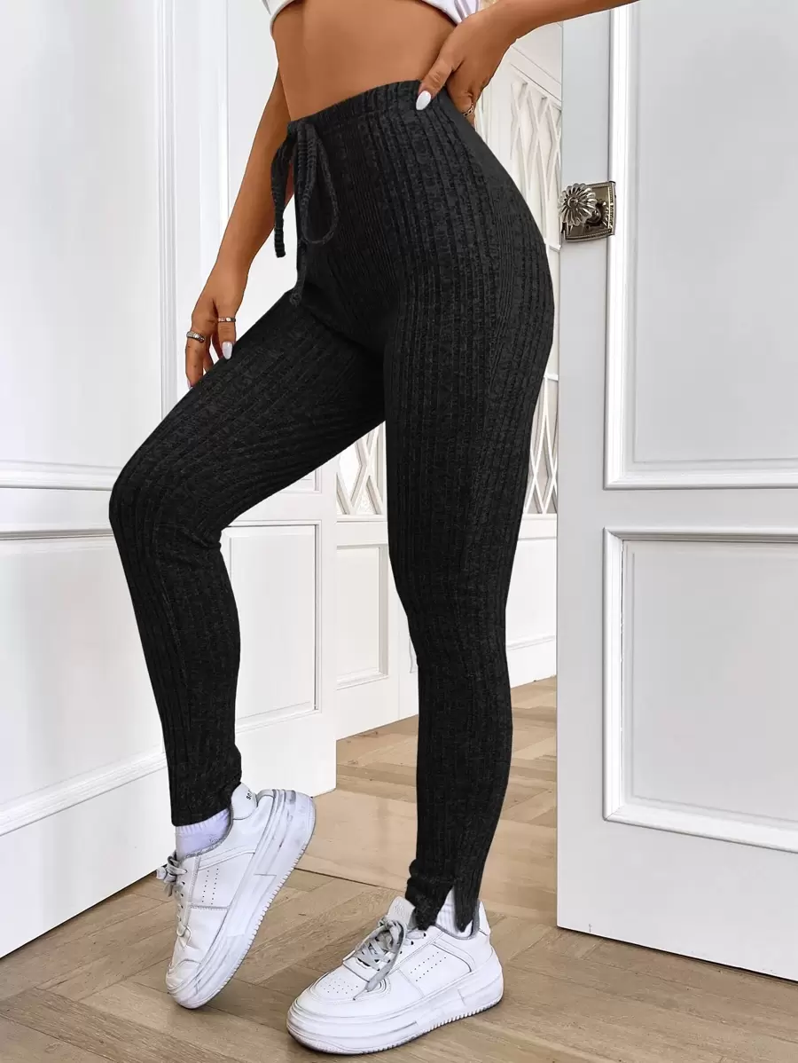 SHEIN EZwear Knot Front Split Hem Ribbed Knit Leggings - Black - View 1