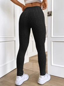 SHEIN EZwear Knot Front Split Hem Ribbed Knit Leggings - Black - View 2