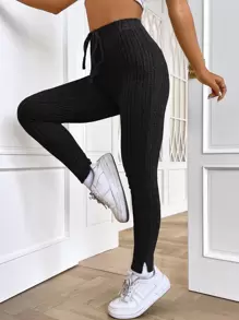 SHEIN EZwear Knot Front Split Hem Ribbed Knit Leggings - Black - View 4