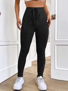 SHEIN EZwear Knot Front Split Hem Ribbed Knit Leggings - Black - View 5