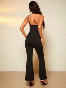 SHEIN BAE One Shoulder Draped Detail Split Hem Jumpsuit - Black - View 3