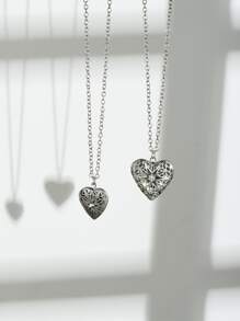 2入組/套情侶心形開口小盒吊墜項鍊 - 銀色 - 查看 1