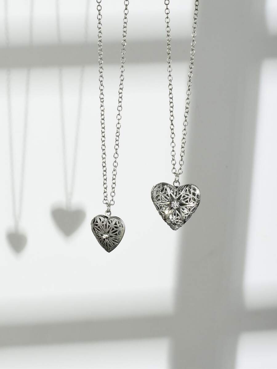 2入組/套情侶心形開口小盒吊墜項鍊 - 銀色 - 查看 1