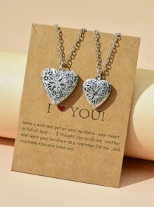2入組/套情侶心形開口小盒吊墜項鍊 - 銀色 - 查看 2