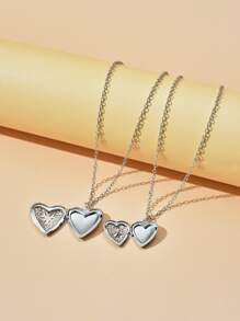 2入組/套情侶心形開口小盒吊墜項鍊 - 銀色 - 查看 4