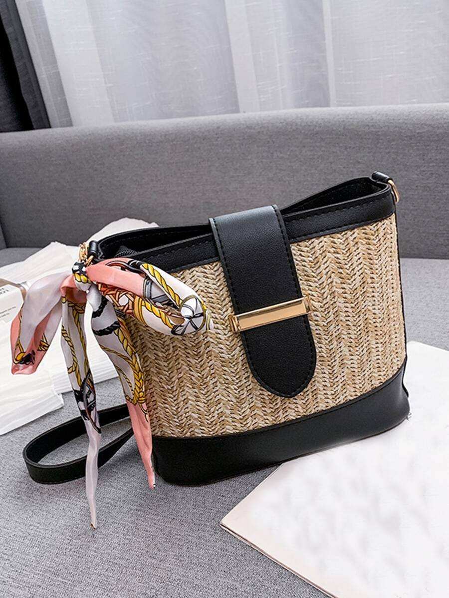 Skinny Scarf Decor Straw Bag - Black - View 1